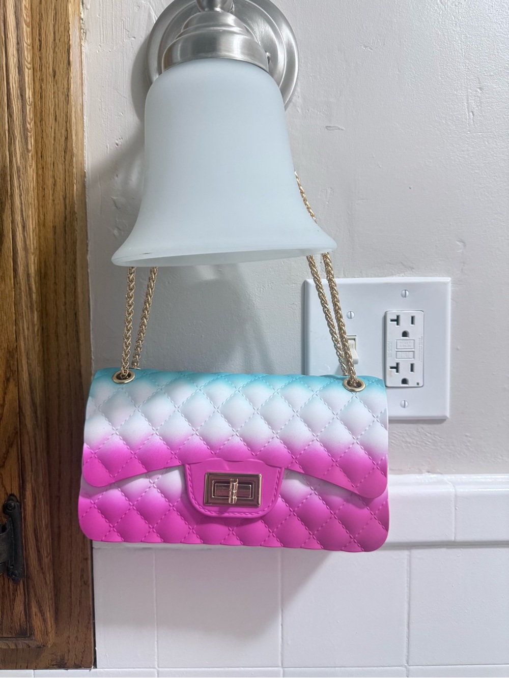 Gradient Quilted Shoulder Bag with Gold Chain - Pink, White & Aqua